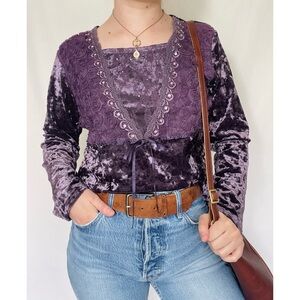 Y. S. Shine | Y2k 90s Purple Velvety Lace Sequin Rosettes  Long-Sleeve Blouse